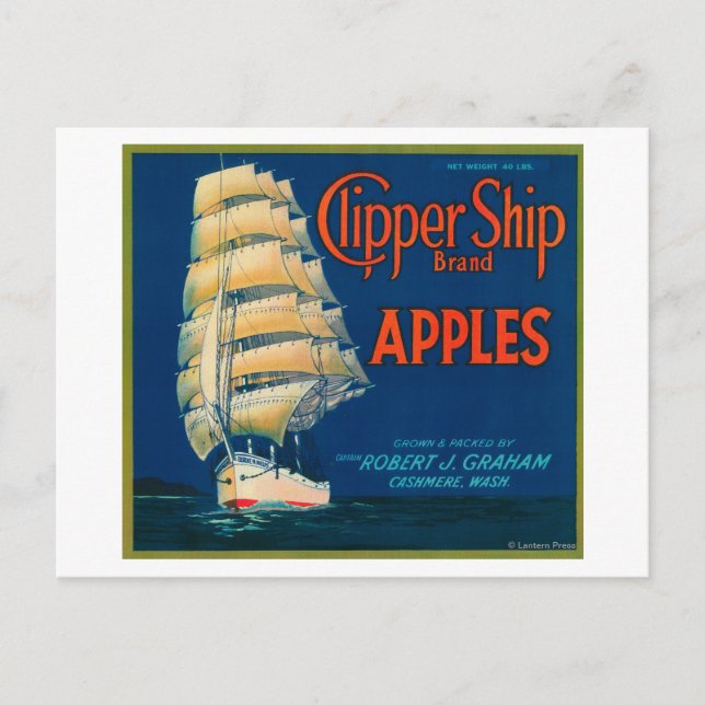 Clipper Ship Apple Label (grün) - Cashmere, WA Postkarte (Vorderseite)