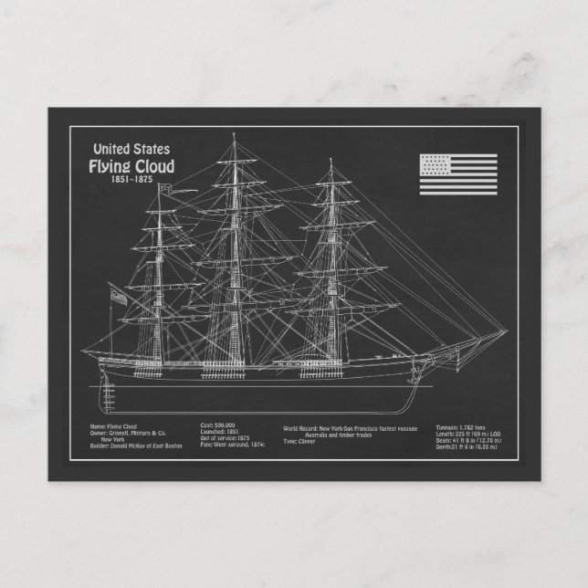 Clipper Ship Flying Cloud - Blueprint PD Postkarte (Vorderseite)