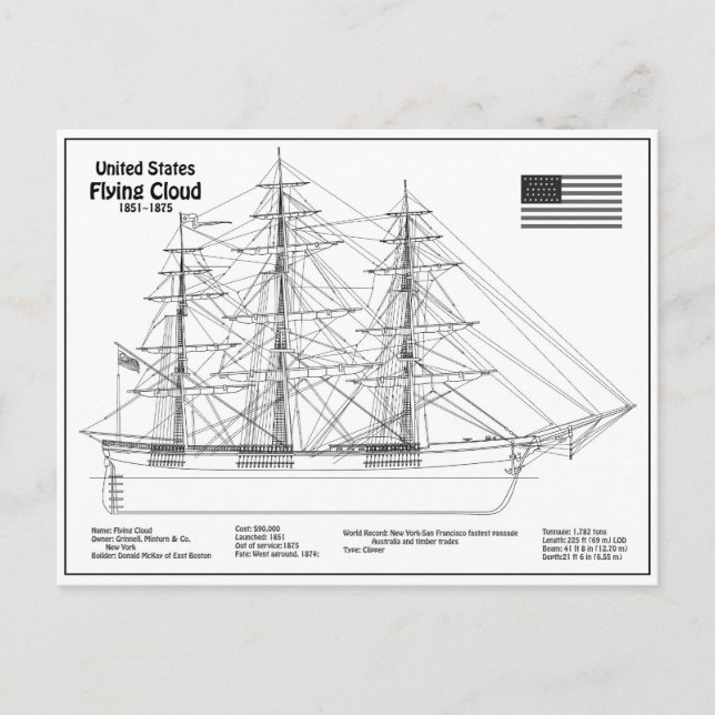 Clipper Ship Flying Cloud - Ship Blueprint BD Postkarte (Vorderseite)