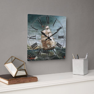 Clipper Ship in New York Hafen 1890 Quadratische Wanduhr