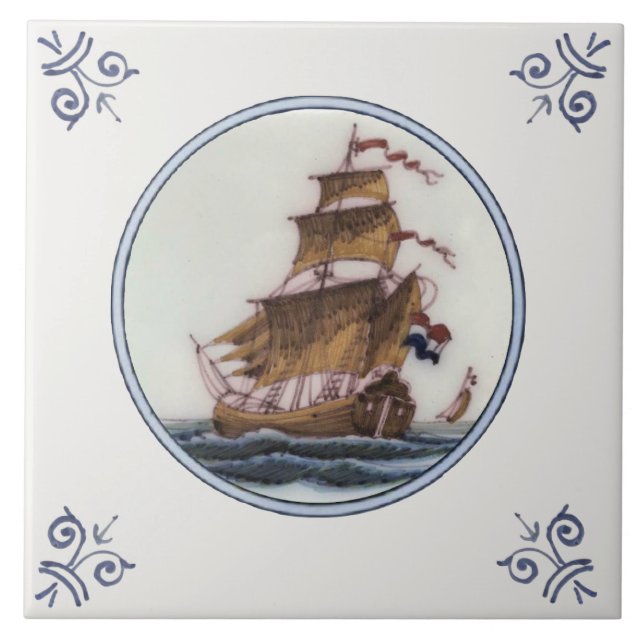 Clipper Ship Polychrome Delft Repro Antique Tile Fliese (Vorderseite)
