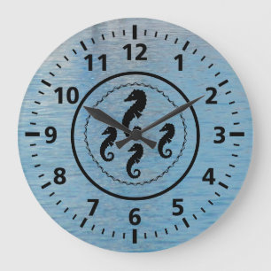 Clock - Black Seahorses and Water Große Wanduhr