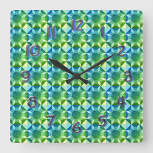 Clock - Blue and Green Quilt Pattern Quadratische Wanduhr