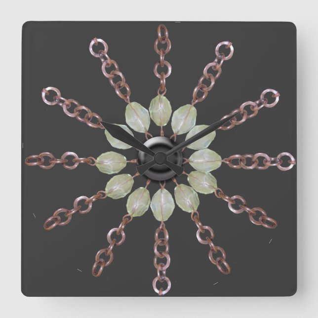 Clock - Copper chain and Glass beads Quadratische Wanduhr (Vorderseite)