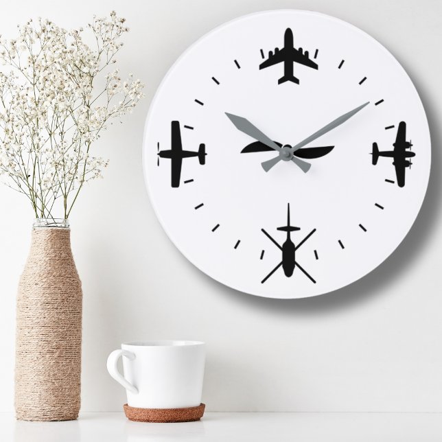 Clock Face with Airplane icons Cool Pilot Aviation Große Wanduhr (Von Creator hochgeladen)