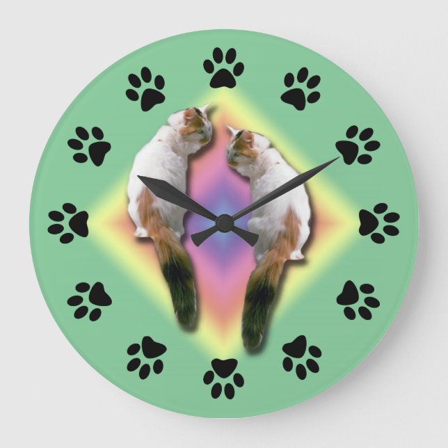 Clock - Mirrored cat with paw prints Große Wanduhr (Vorderseite)