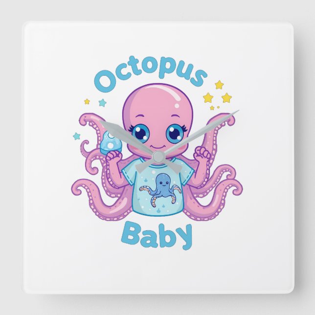 Clock Octopus Baby  Quadratische Wanduhr (Vorderseite)