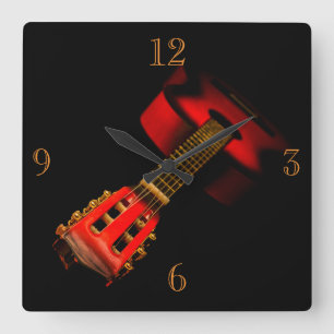 CLOCK - RED GUITAR ON BLACK QUADRATISCHE WANDUHR