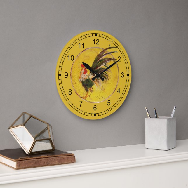 Clock - Rooster and Yellow Background Große Wanduhr (Büro)