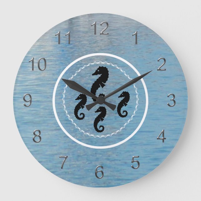 Clock - Seahorses, Water and White Rings Große Wanduhr (Vorderseite)