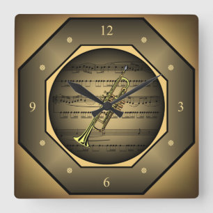 Clock-tagon ~ Trumpet ~ Sheet Music ~ Tuscan ~ Quadratische Wanduhr
