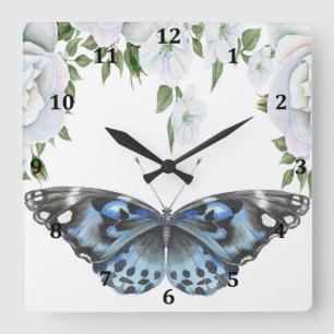 Clock with Blue Butterfly & Roses Quadratische Wanduhr