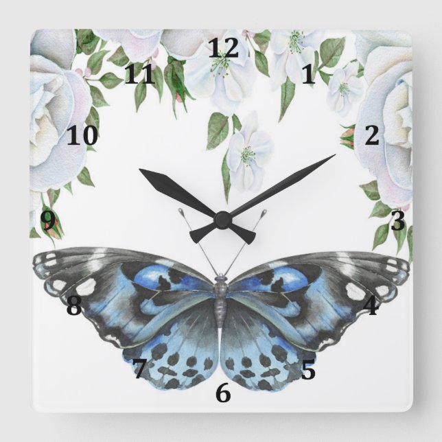 Clock with Blue Butterfly & Roses Quadratische Wanduhr (Vorderseite)