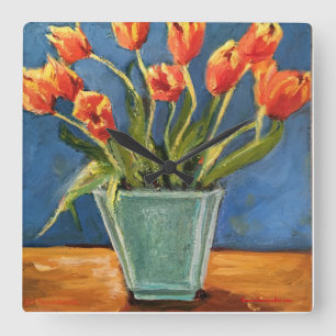 Clock with Red Orange Tulips Quadratische Wanduhr