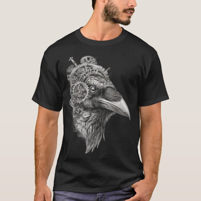 Clockwork Raven Portrait — Pen-and-Ink Steampunk  T-Shirt (Vorderseite)