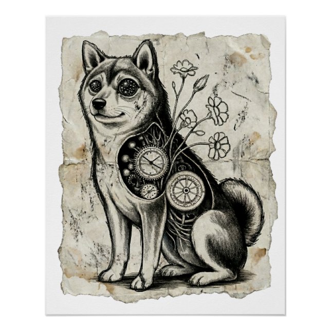 Clockwork Shiba – Gothic Overthinking Dog Art Poster (Vorderseite)