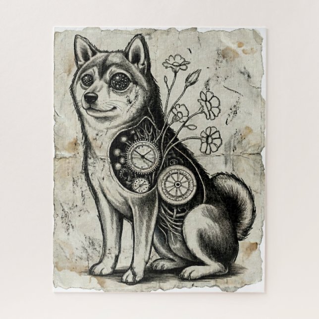 Clockwork Shiba – Gothic Overthinking Dog Puzzle (Vertikal)