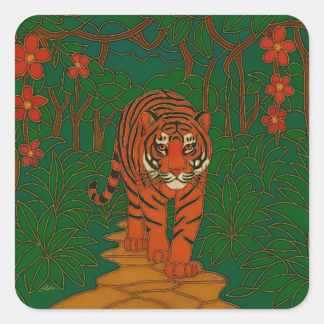 Cloisonne Art Tiger on the Jungle Path Quadratischer Aufkleber (Vorderseite)