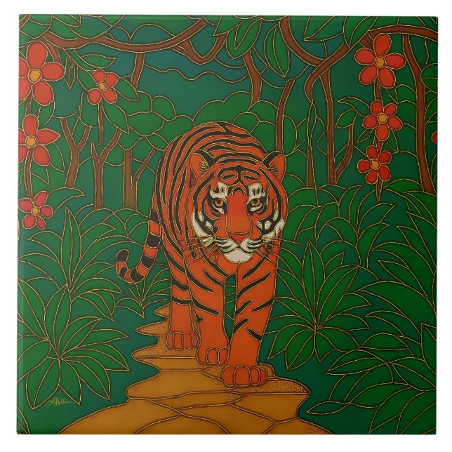 Cloisonne Kunst Tiger auf dem Dschungelpfad Fliese (Vorderseite)