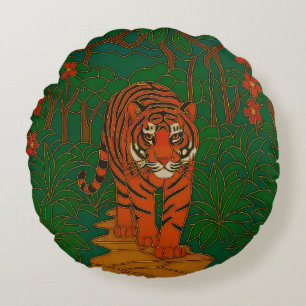Cloisonne-Kunst Tiger auf dem Dschungelpfad Rundes Kissen