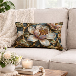 Cloisonné Magnolia Floral Blue Gold Quatrefoil  Dekokissen