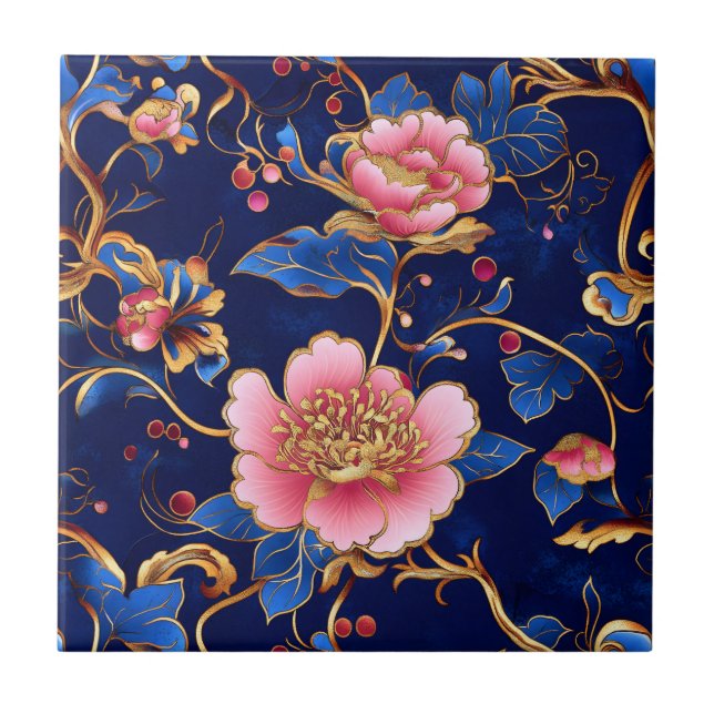 Cloisonne rosa blaue Blumenmuster Fliese (Vorderseite)