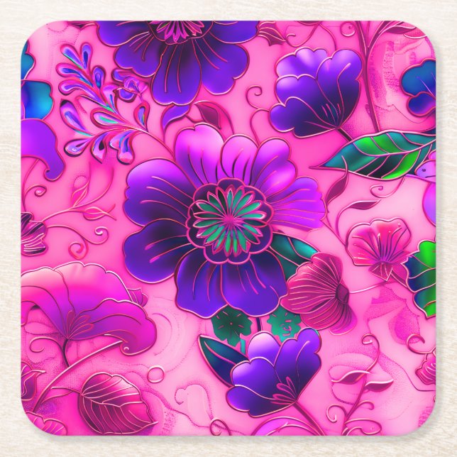 Cloisonrosa lila Blumenmuster Rechteckiger Pappuntersetzer (Vorderseite)
