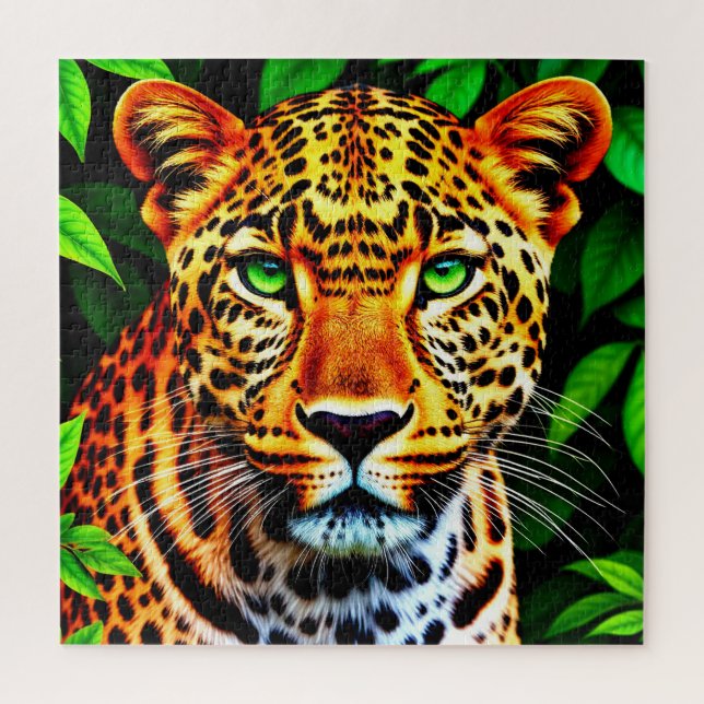 Close-Up Jaguar Leopard Face with Green Eyes Puzzle (Vertikal)