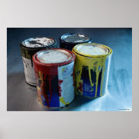 Close-up of four paint cans