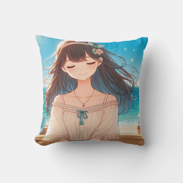 Closed Eyes Girl & Straw Hat Girl Kissen (Vorderseite)