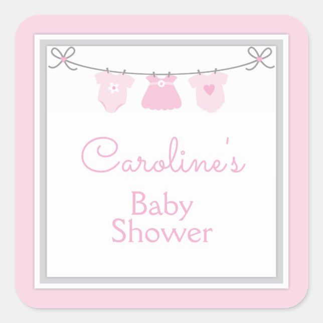 Clothesline Baby Girl Dusche Pink Grau Zickzack Quadratischer Aufkleber (Vorderseite)