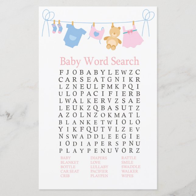 Clothesline Baby Shooter Word Search Game (Vorderseite)