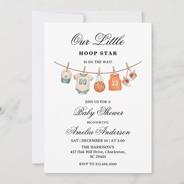 Clothesline Basketball baby shower invitation  Einladung (Vorderseite)