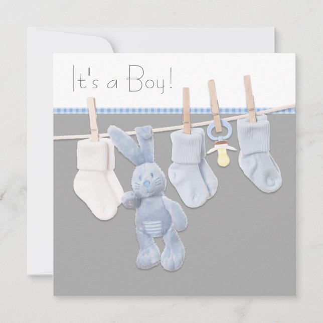 Clothesline Blau und Gray Baby Boy Dusche Einladung (Vorderseite)
