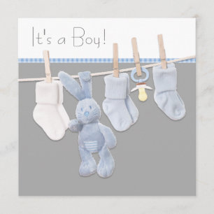Clothesline Blau und Gray Baby Boy Dusche Einladung