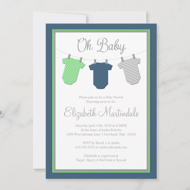 Clothesline Navy Green Baby Boy Dusche Einladung (Vorderseite)