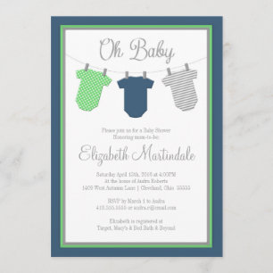 Clothesline Navy Green Baby Boy Dusche Einladung