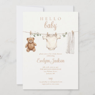 Clothesline Neutral Baby Shower Foto QR Code Einladung