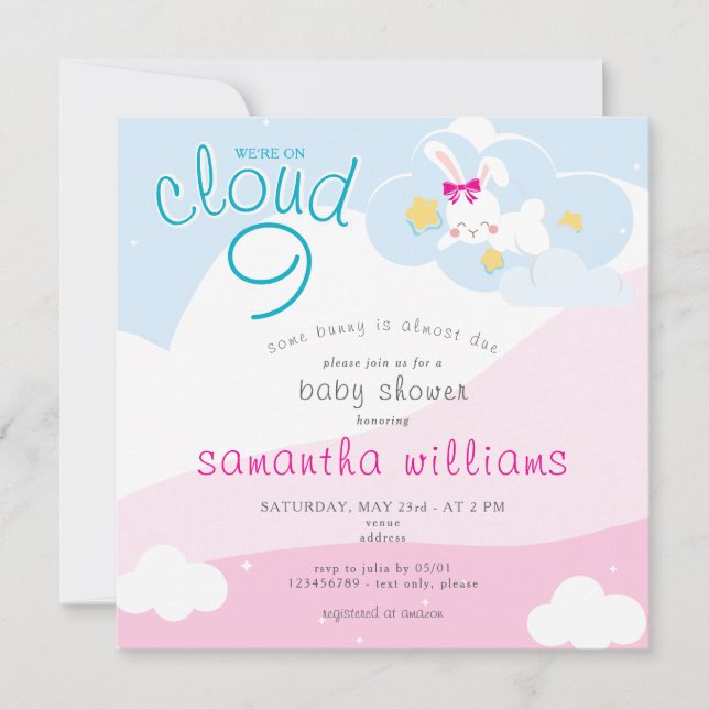 Cloud 9 etwas Bunny Pink Spring Girl Baby Dusche Einladung (Vorderseite)