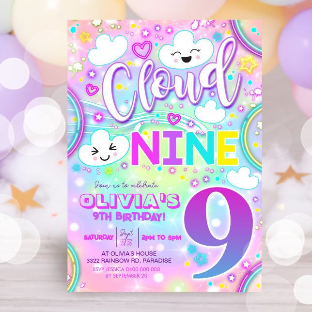 Cloud 9 Geburtstag Einladung Regenbogennebel (Neon Rainbow Cloud 9 Birthday Invitation)