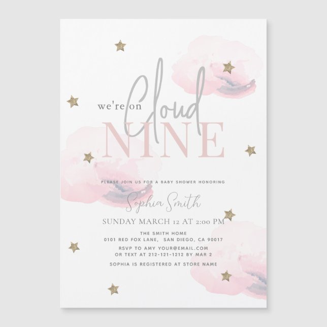 Cloud 9 Gold Stars Aquarell Pink Baby Dusche Magneteinladung (Vorderseite)