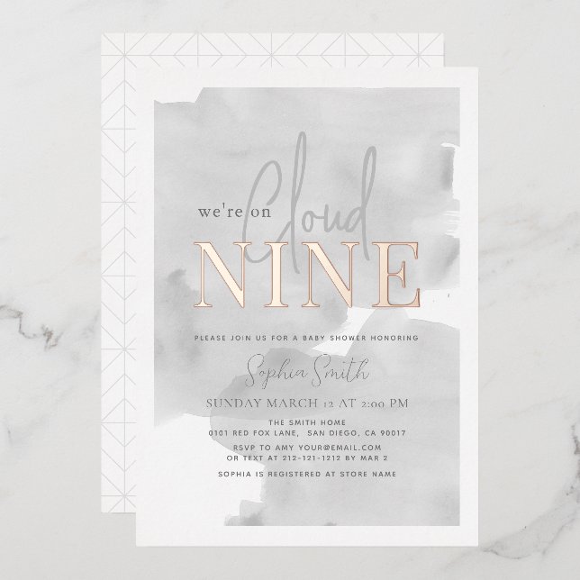 Cloud 9 Grey Sky Watercolor Baby Show Folieneinladung (Vorderseite/Rückseite)