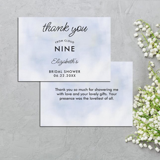Cloud 9 Pastel Blue Elegantes klassisches Brautpar Dankeskarte (cloud 9 bridal shower thank you card elegant modern pastel blue simple minimalist calligraphy clouds)