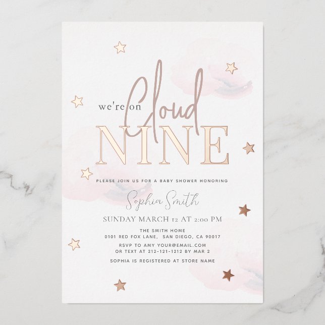 Cloud 9 Pink Clouds Watercolor Girl Baby Shower Folieneinladung (Vorderseite)