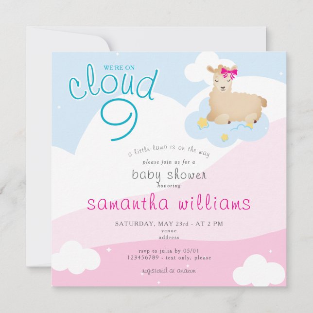 Cloud 9 Pink Little Lamb Spring Girl Babydusche Einladung (Vorderseite)