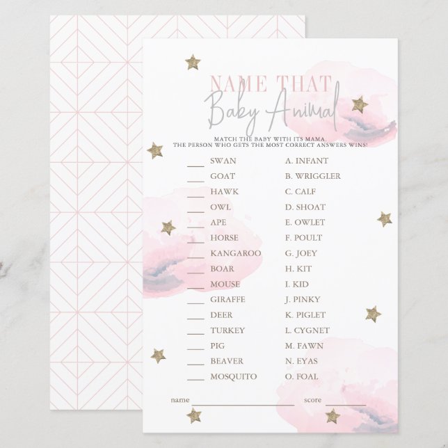 Cloud 9 Star Pink Baby Dusche Name the Baby Animal (Vorne/Hinten)