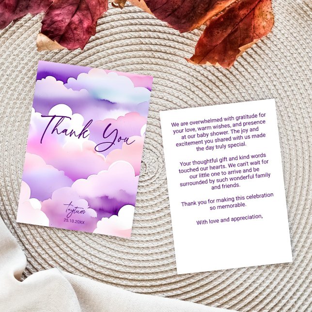 Cloud baby Dusche lila Wolken Babydusche Dankeskarte (Cloud baby shower purple clouds baby shower thank you card watercolor clouds thank you cards)