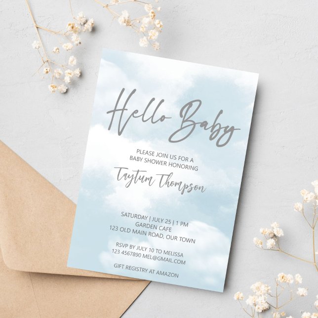 Cloud baby dusche pastellgraue Wolken Babydusche Einladung (Cloud baby shower invitation template instant download pastel grey clouds modern casual script)