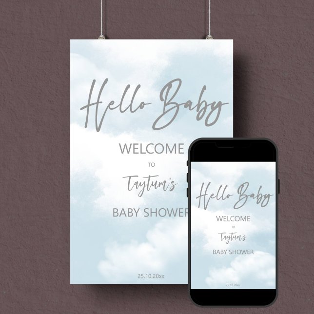 Cloud baby dusche pastellgraue Wolken Begrüßungsze Poster (Cloud baby shower pastel grey clouds welcome sign editable template poster digital download)