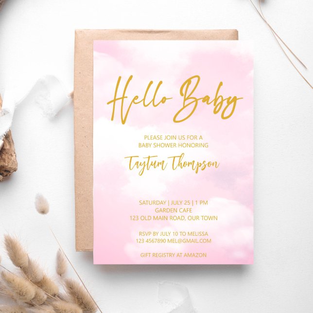 Cloud Baby Dusche Rosa und Gold Einladung (Cloud baby shower pink and gold hello baby invitation template instant download)